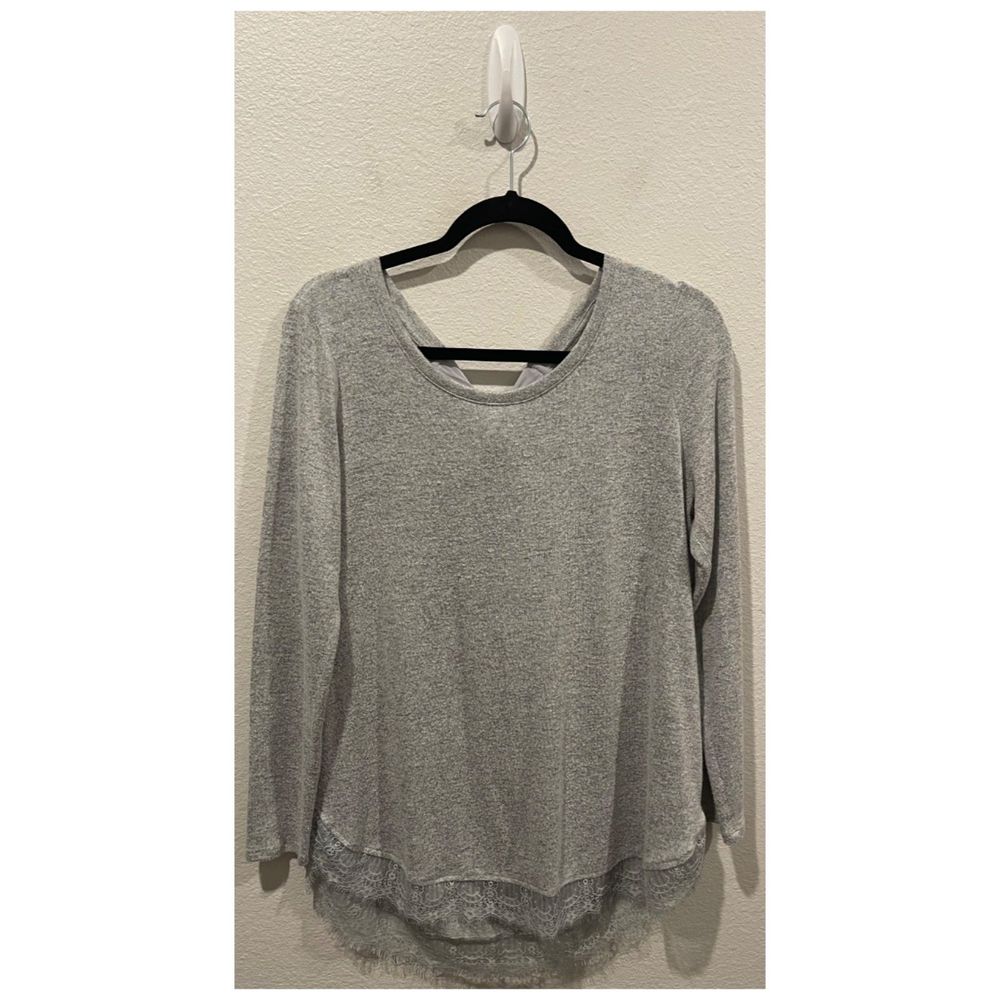 LC LAUREN CONRAD Sparkle Gray Lace Tie Back Long Sleeve Blouse